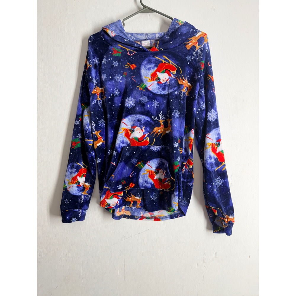 No Boundaries Santa Sleigh Reindeer Christmas Fleece Hoodie Blue XL 15-17